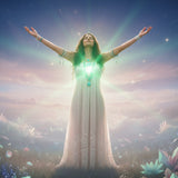 An ethereal figure with open arms, radiating luminous emerald green light from the Heart Chakra under a spiritual pink and blue sky.