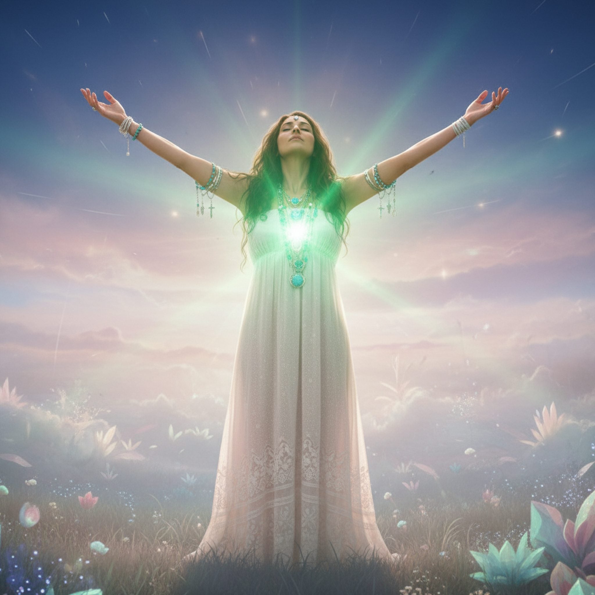 An ethereal figure with open arms, radiating luminous emerald green light from the Heart Chakra under a spiritual pink and blue sky.