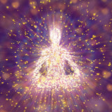 A meditating silhouette formed by bright, glowing yellow hearts and light rays, representing the higher self dimensional enhancement.