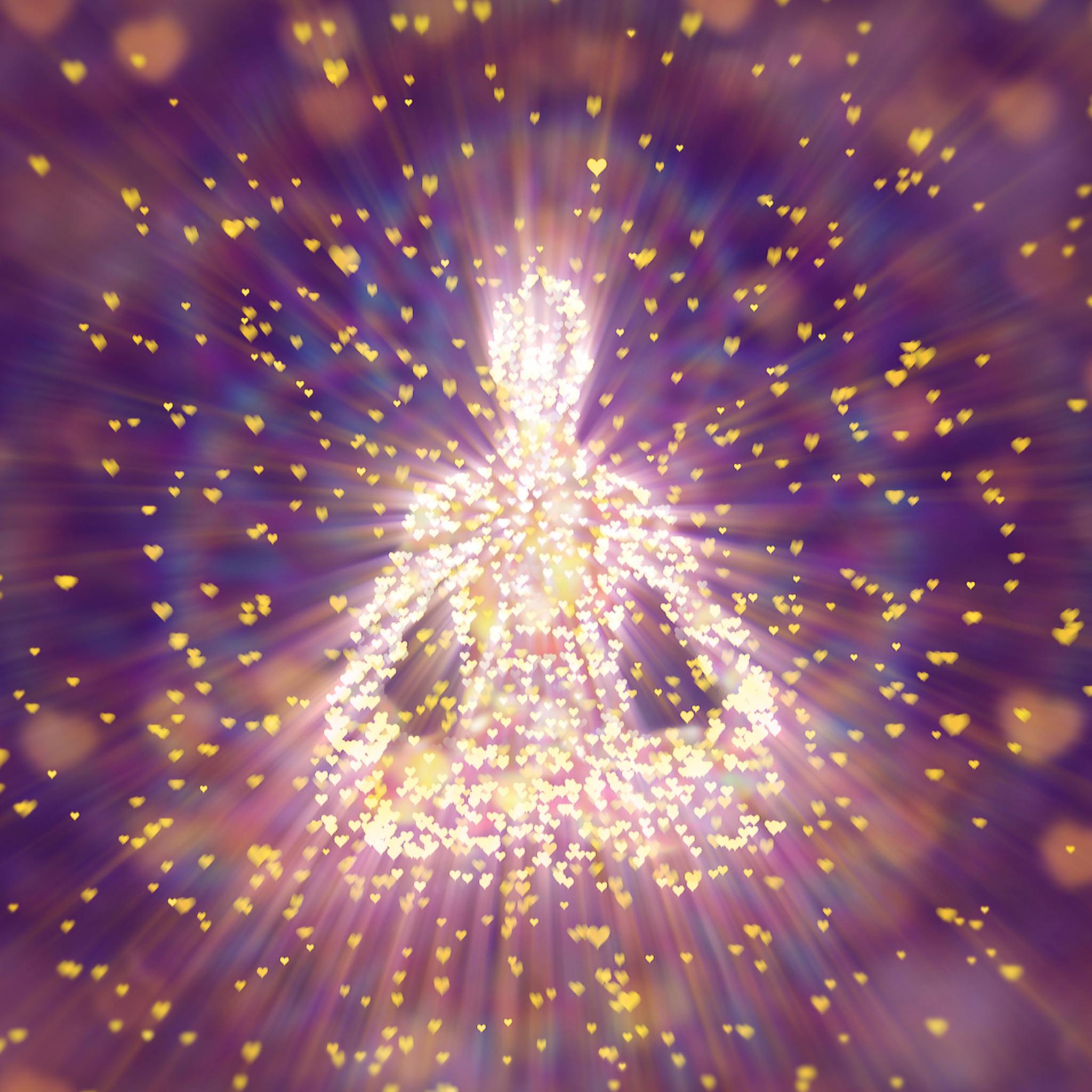 A meditating silhouette formed by bright, glowing yellow hearts and light rays, representing the higher self dimensional enhancement.