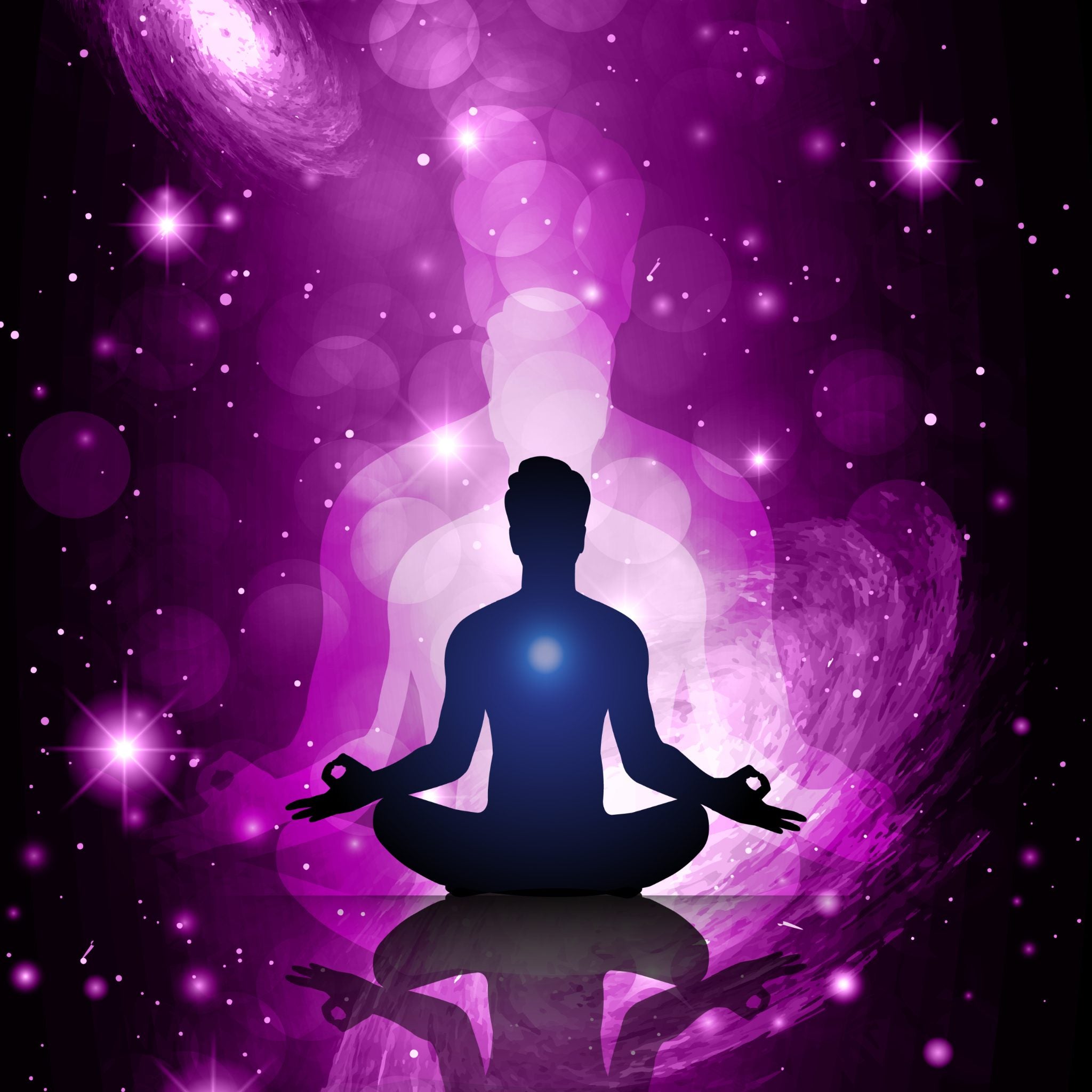 Silhouette of a person meditating against a purple cosmic background and energies symbolising higher self connection.