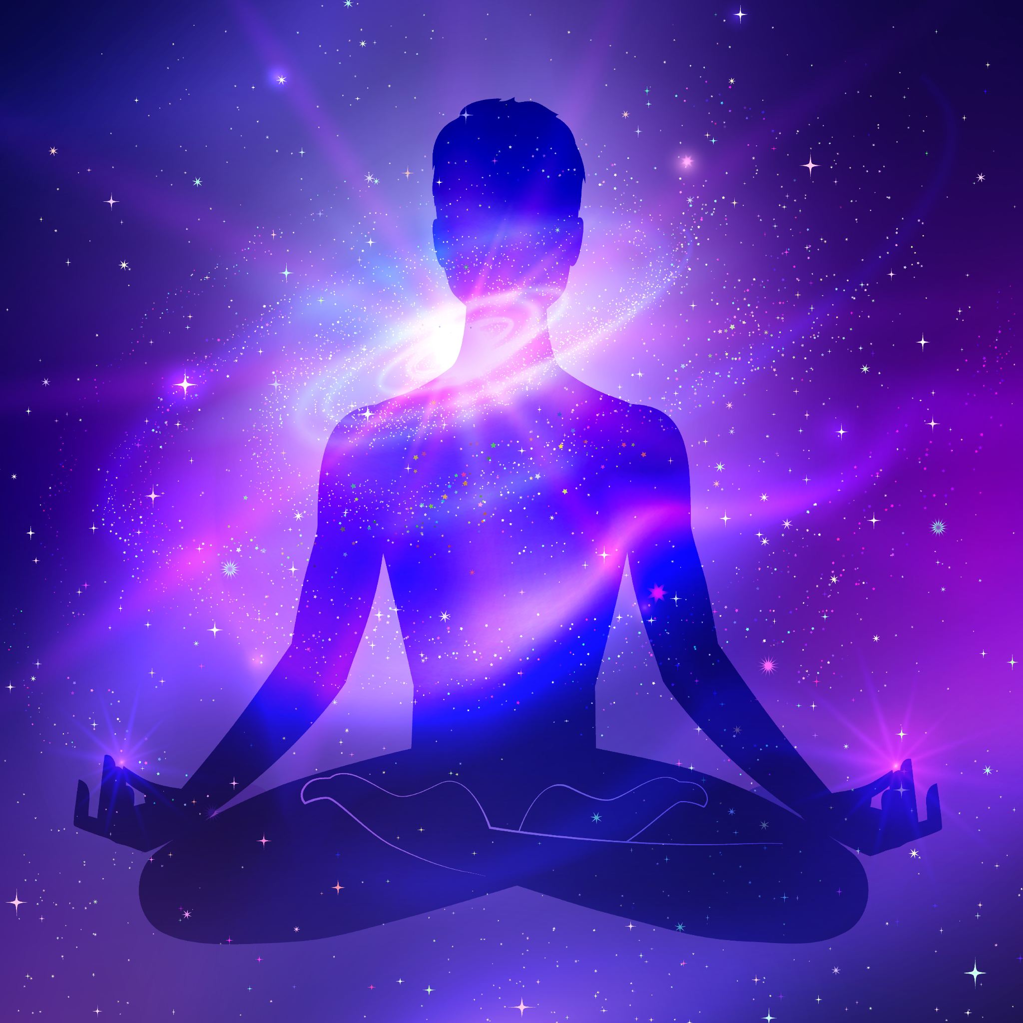 A meditating silhouette filled with a bright purple and blue galaxy spiral, against a starry cosmic background, representing higher self realignment.