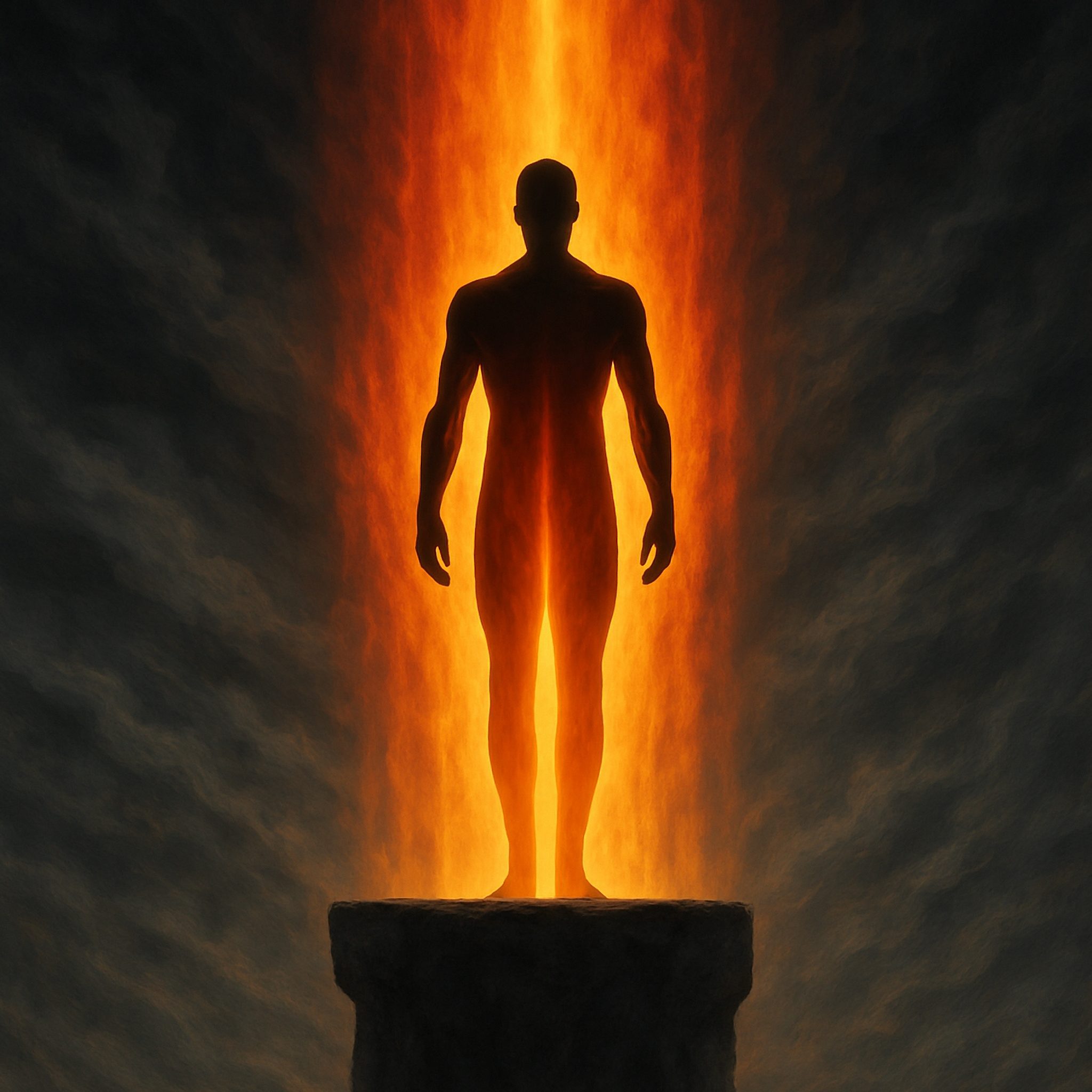 A silhouette standing on a rock, engulfed in a bright column of fiery orange light, symbolising immune system resilience.
