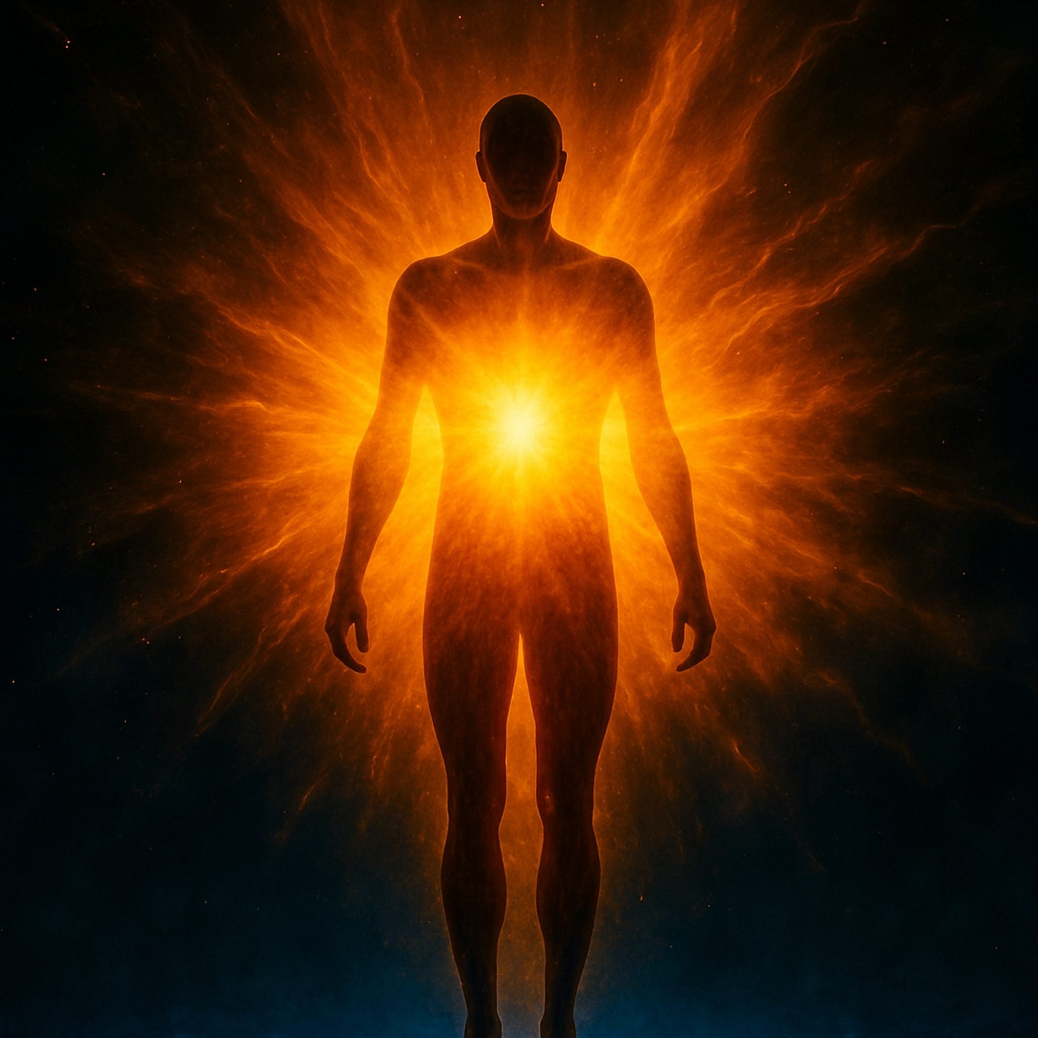 A human silhouette glowing intensely with orange and yellow light, representing immune system vitality and strength.