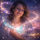 Woman with a galaxy swirling around her, set against a starry night sky.