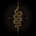 Decorative gold snake design on a black background representing kundalini.