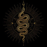 Decorative gold snake design on a black background representing kundalini.