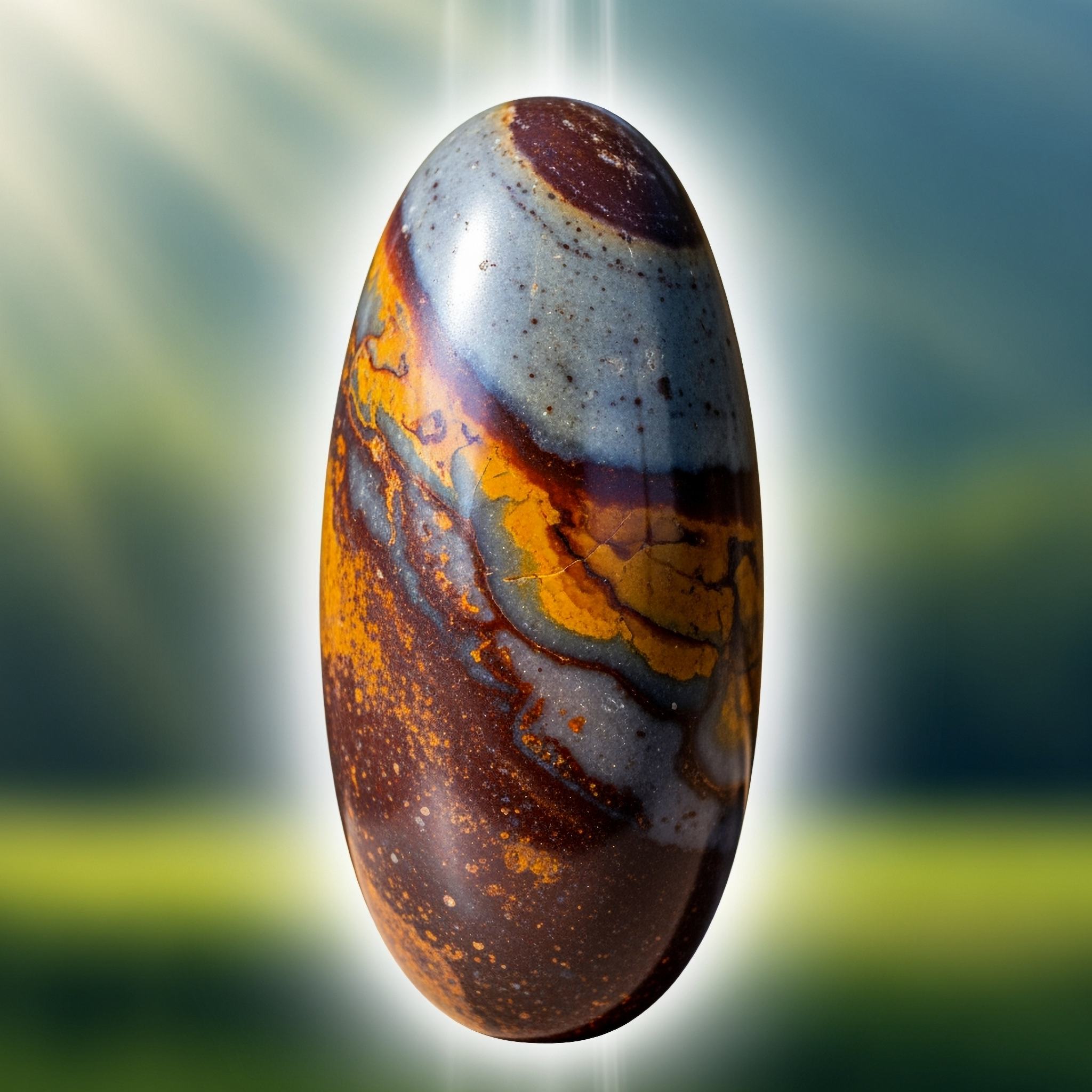 A Shiva Lingam crystal, used for Kundalini transformation, glows against a blurred nature background.