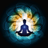 Silhouette of a person meditating with colourful life force energy waves on a dark background