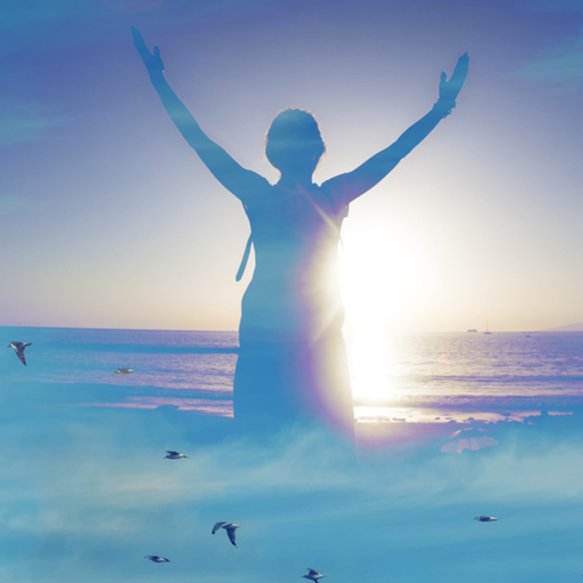 A person with arms raised, facing the setting sun with gratitude and celebration, on a beach at sunset with birds flying.