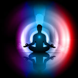 A meditating silhouette surrounded by concentric red and blue glowing circles, reflecting below, representing local and spiritual energy balancing.