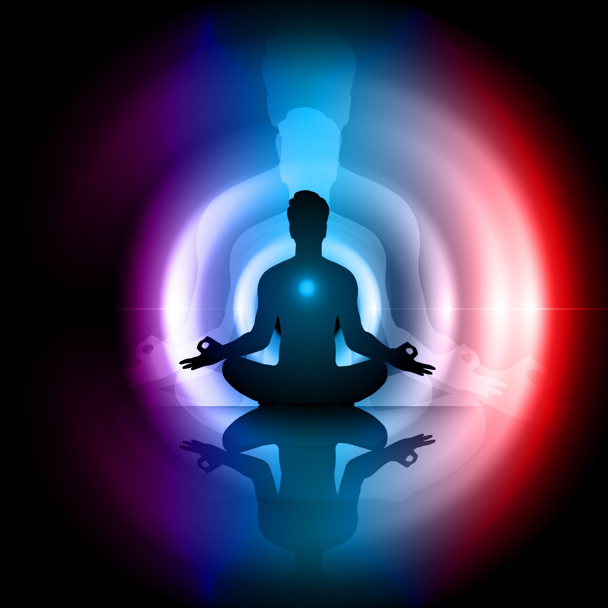 A meditating silhouette surrounded by concentric red and blue glowing circles, reflecting below, representing local and spiritual energy balancing.