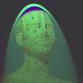 Mannequin head with acupuncture lines and meridians, and green dimensional light on a dark background.