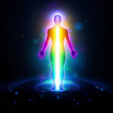Colourful depiction of a human figure with energy fields on a dark background.