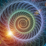 A vibrant, multi-coloured spiral, resembling a fractal or cosmic vortex. The colours transition from a glowing orange and yellow at the core to shades of blue and purple on the outer edges, giving a sense of spiritual energy and expansion.