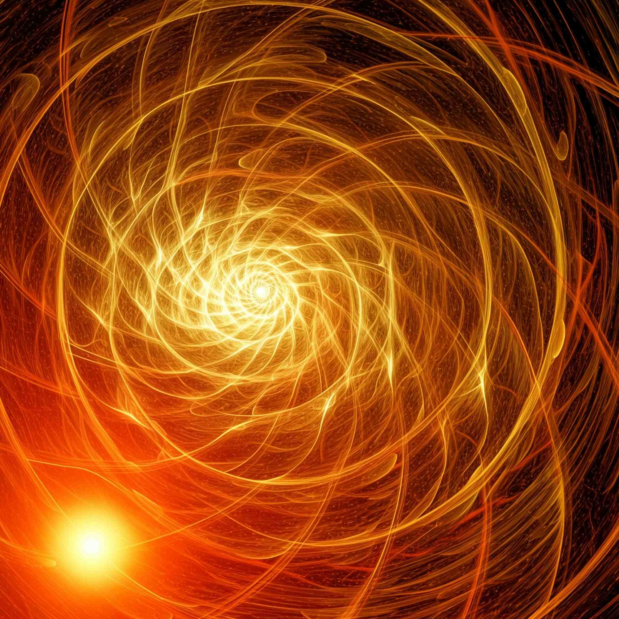 Ornate spiral design with glowing orange and yellow lines on a dark background.