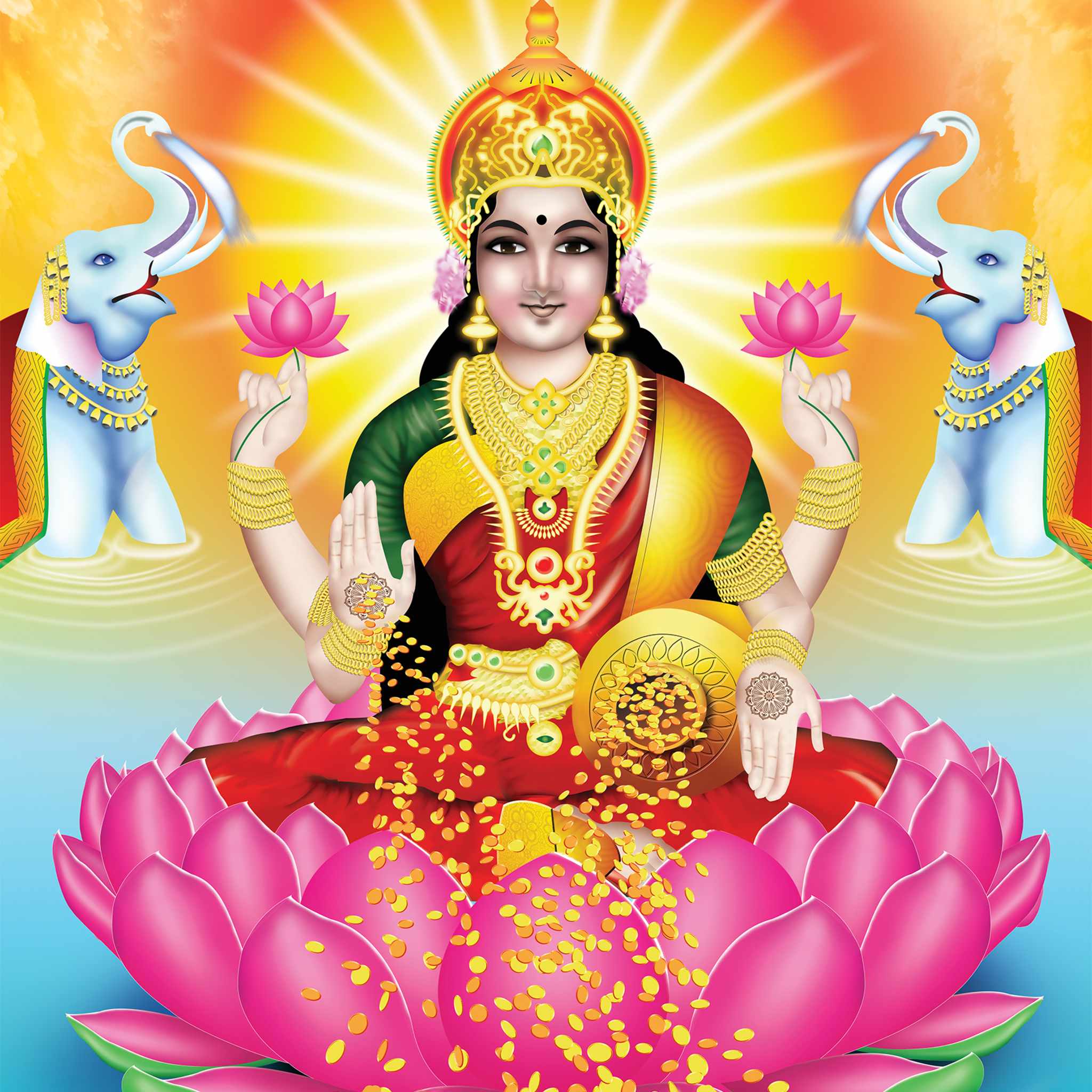 The Hindu Goddess Lakshmi seated on a lotus, surrounded by gold coins.