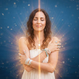 Ultimate My Body Is A Temple Treatment: a serene figure embracing their body, bathed in luminous golden-orange light that flows from their core against a deep blue, ethereal background.