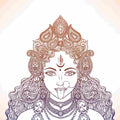 Detailed line drawing of Goddess Kali with intricate patterns on a white background.