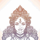Detailed line drawing of Goddess Kali with intricate patterns on a white background.