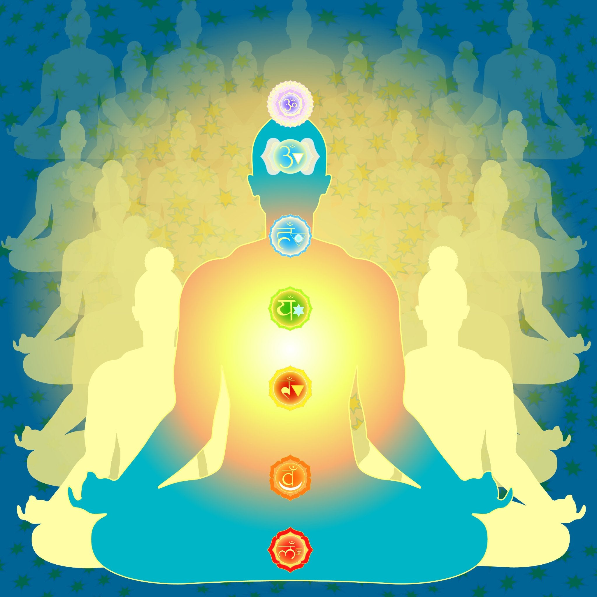 A silhouette of a meditating person surrounded by fainter glowing silhouettes, set against a pink and blue starry background, symbolising past lives, spiritual connection, and energetic clearing.