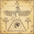 Line art of the Egyptian winged Goddess Aset (Isis) on papyrus.