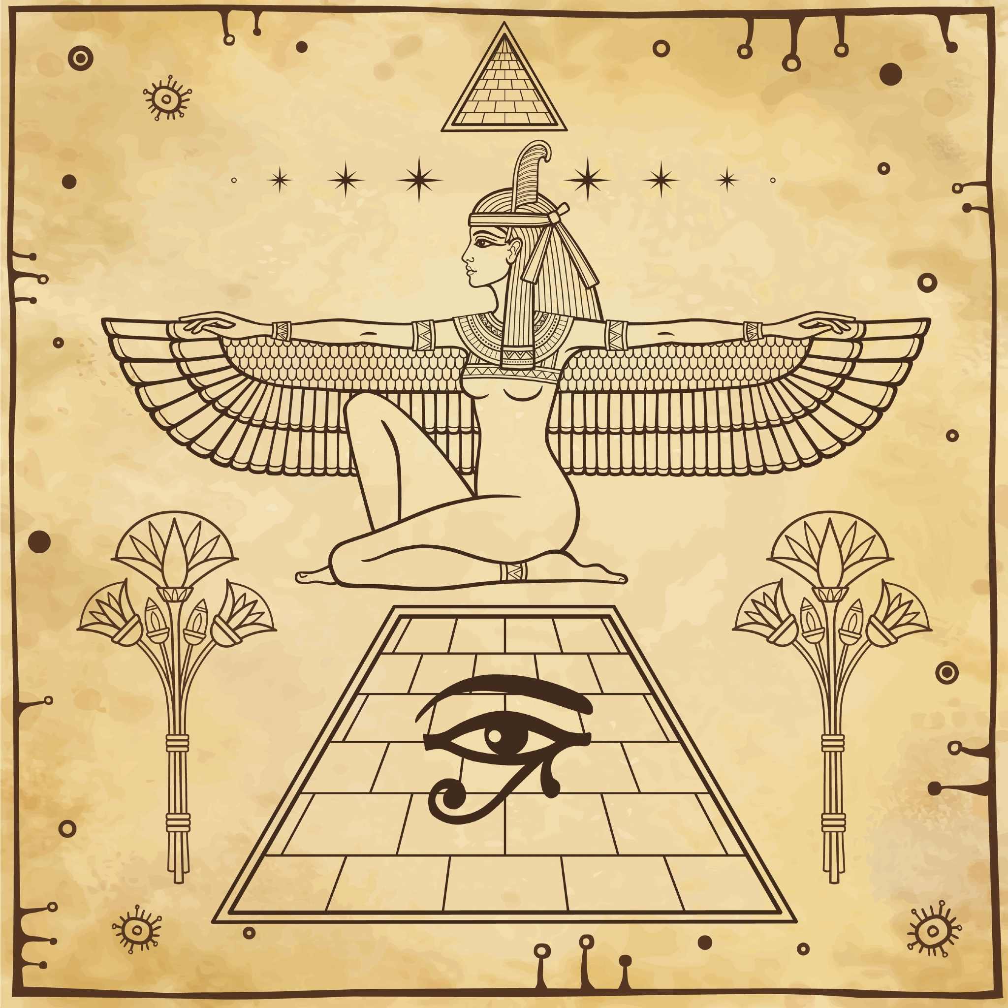 Line art of the Egyptian winged Goddess Aset (Isis) on papyrus.
