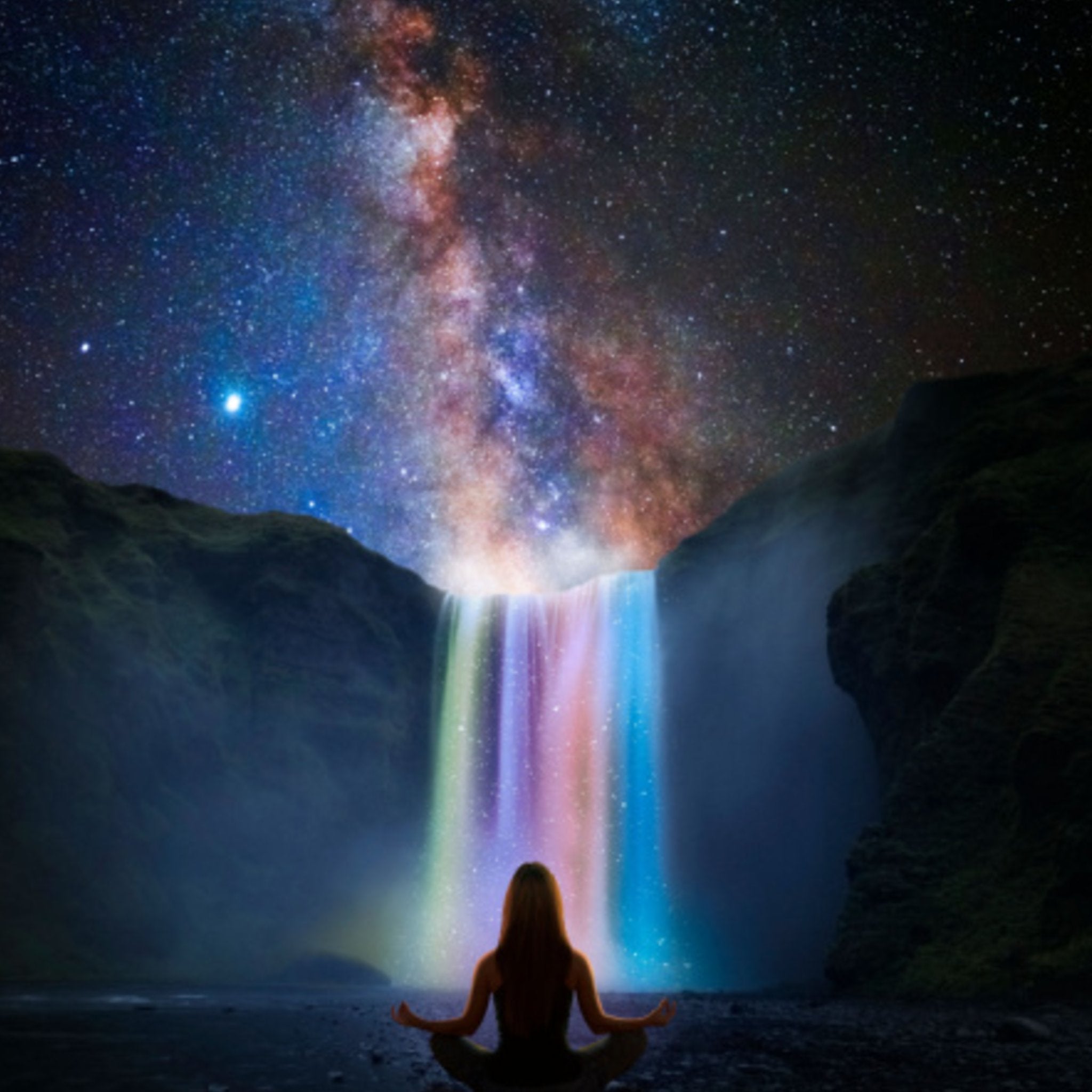 Ultimate Past Life Magic Clearing Treatment: silhouette of a person meditating beneath a waterfall illuminated by a rainbow of light under the Milky Way galaxy.