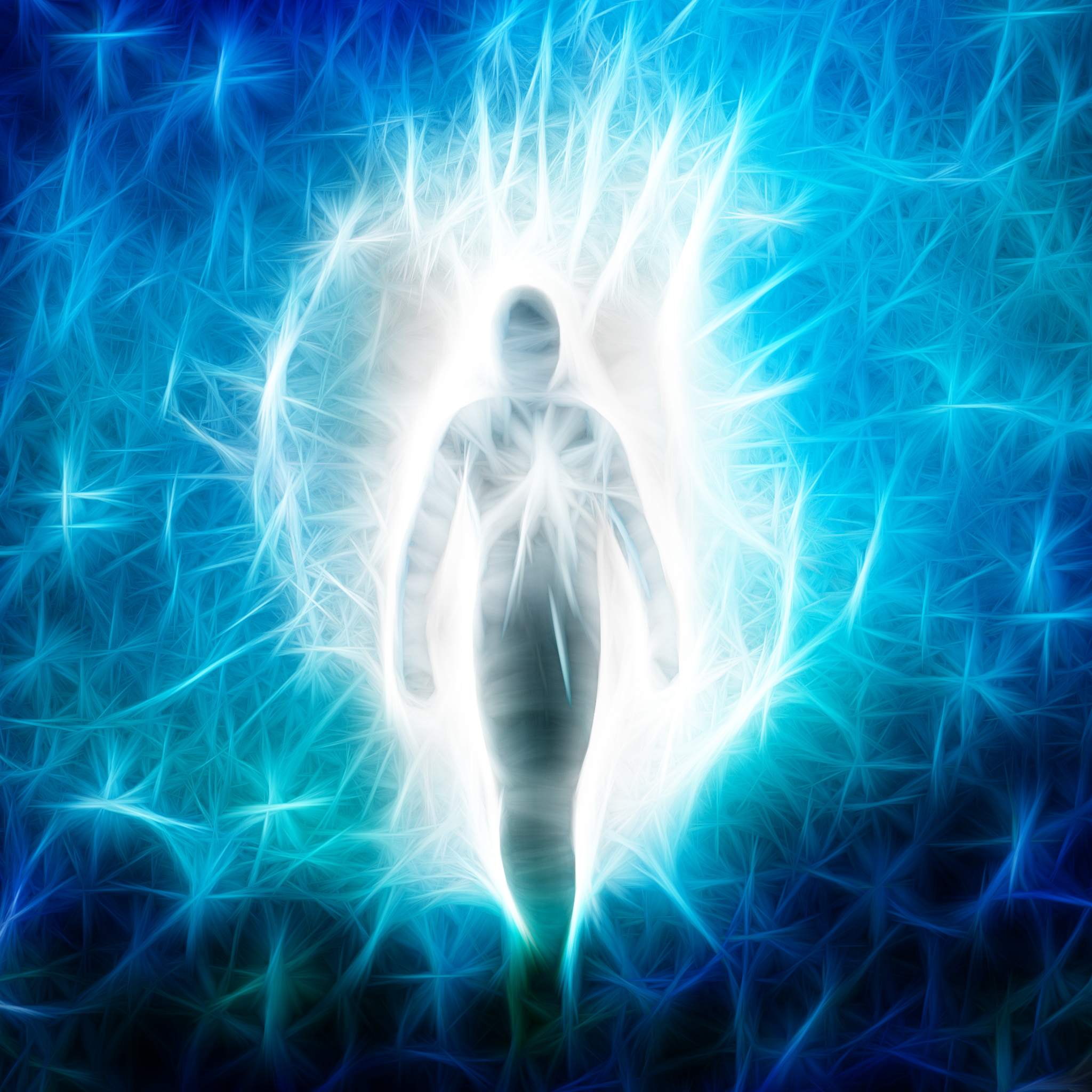 Silhouette of a person with a bright light source against a blue, abstract background.