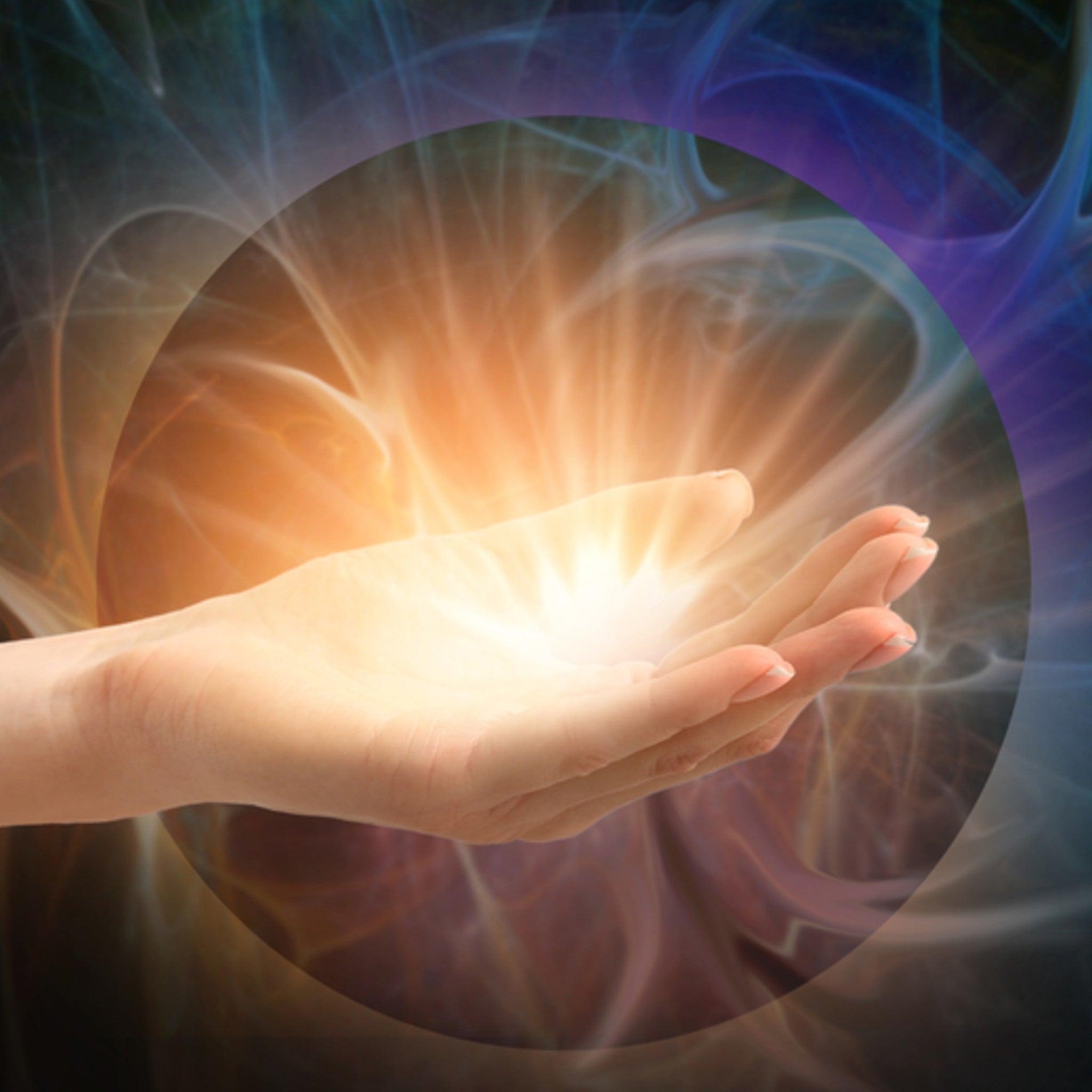Ultimate Reiki 999 Spiritual Integration Treatment: a hand cupping a sphere of bright golden light within a circle, surrounded by swirling abstract orange and blue cosmic energy.