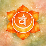 Orange Swadhisthana (Sacral) Chakra with a white symbol on a textured background.