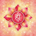 Ruby Sacred Heart Chakra with a white symbol on a pale rose pink background.