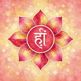 Ruby Sacred Heart Chakra with a white symbol on a pale rose pink background.