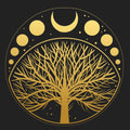 A striking gold vector illustration on a black background, featuring a bare-branched Tree of Life inside a circular frame. Above the tree are the phases of the moon, including a crescent and full circles, symbolising the shamanic endless cycle of initiations. 