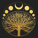 A striking gold vector illustration on a black background, featuring a bare-branched Tree of Life inside a circular frame. Above the tree are the phases of the moon, including a crescent and full circles, symbolising the shamanic endless cycle of initiations. 