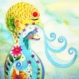 A vibrant, conceptual watercolour painting of a human profile showing the flow of spiritual breath and energy within the body. A yellow head and chest contain colourful elements like a bird, a fish, pink flowers, and growing vines. A blue, flowing, wave-like shape emanates from the mouth, representing spiritual shamanic breath. The background is a soft blend of pale blue and green washes.