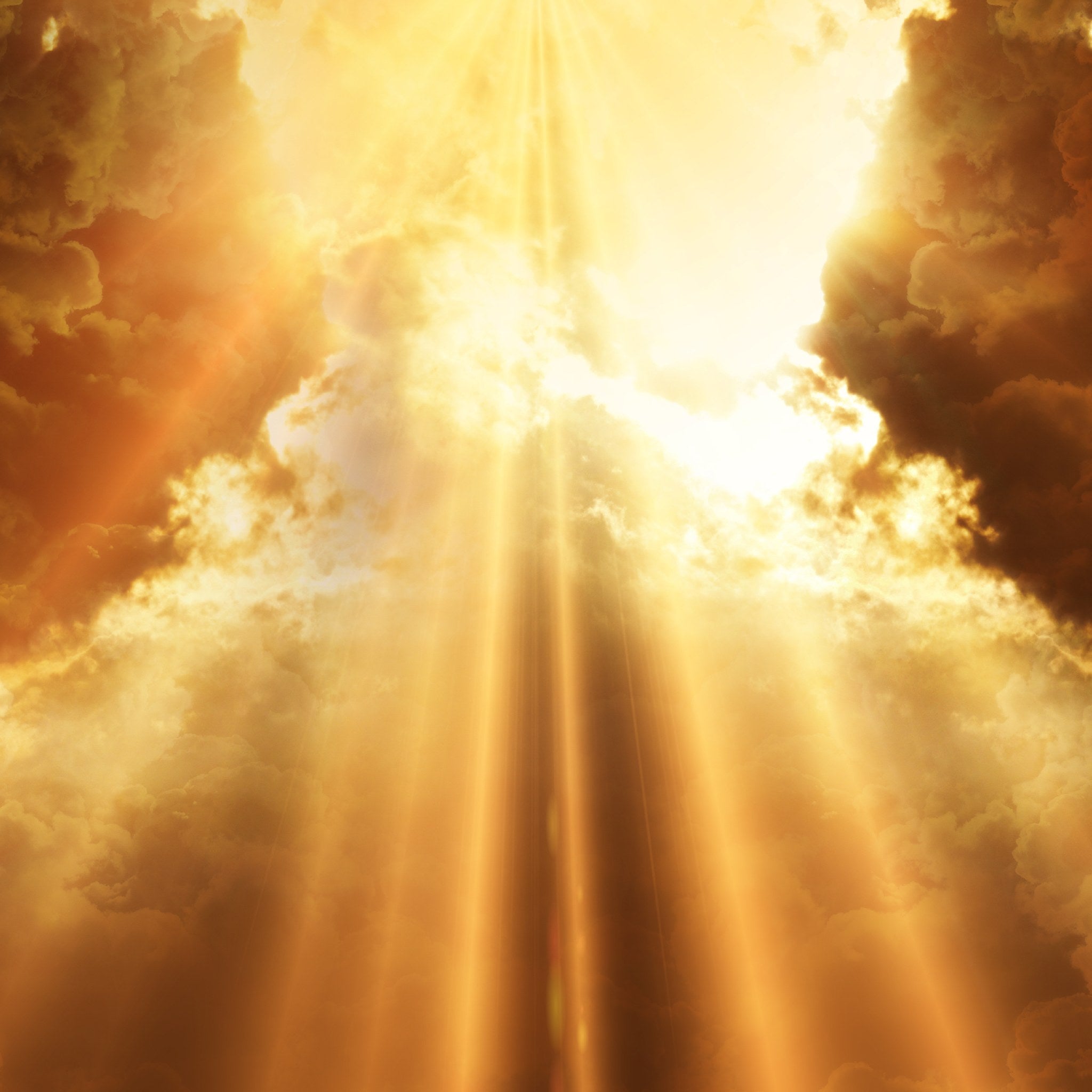 A dramatic, intense burst of golden-yellow light streaming down through an opening in thick, fiery orange and dark clouds, symbolising divine intervention and powerful energy.