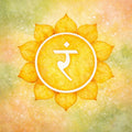 Yellow Solar Plexus Chakra (Manipura) with a white symbol on a light yellow background.
