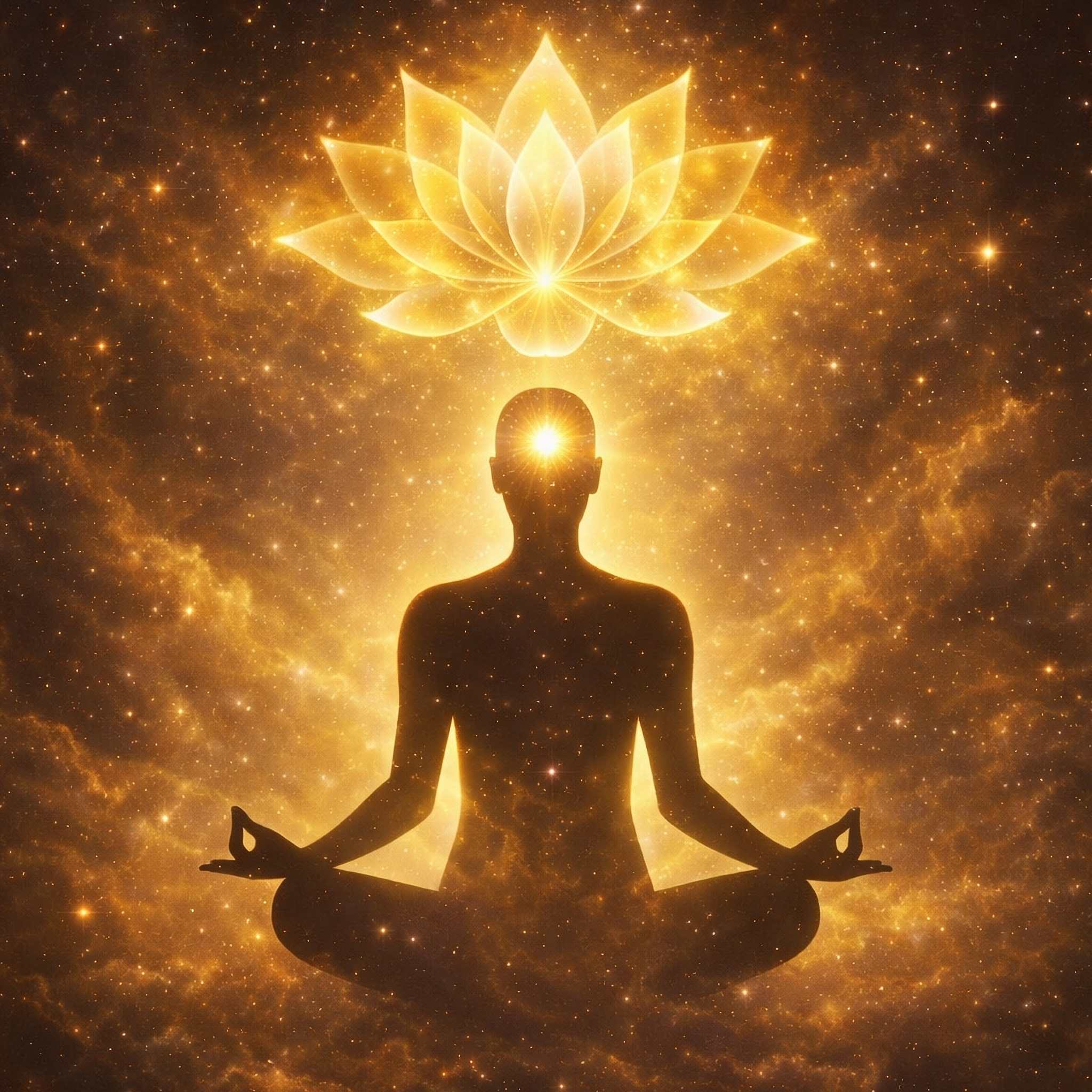 Silhouette of a meditating person with a glowing gold lotus flower above their head against a cosmic background.