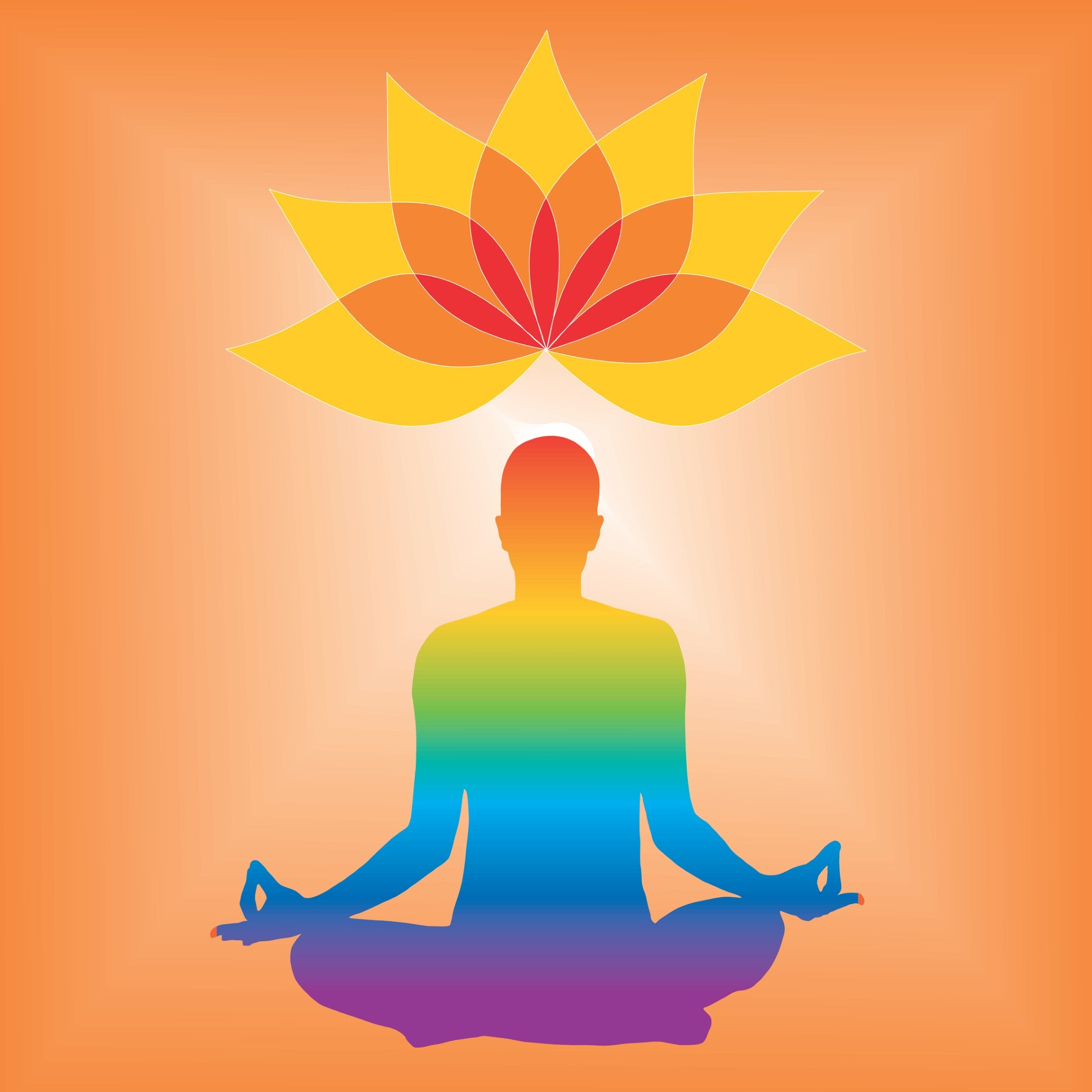 A meditating figure in a lotus pose with a rainbow-coloured body, glowing halo, and a golden lotus flower above the head, against an orange background.