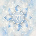 Silver blue Soma Chakra (Amrita Chakra) with a white symbol on light blue background.