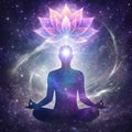 Silhouette of a meditating person with a lotus flower above their head against a starry space background.