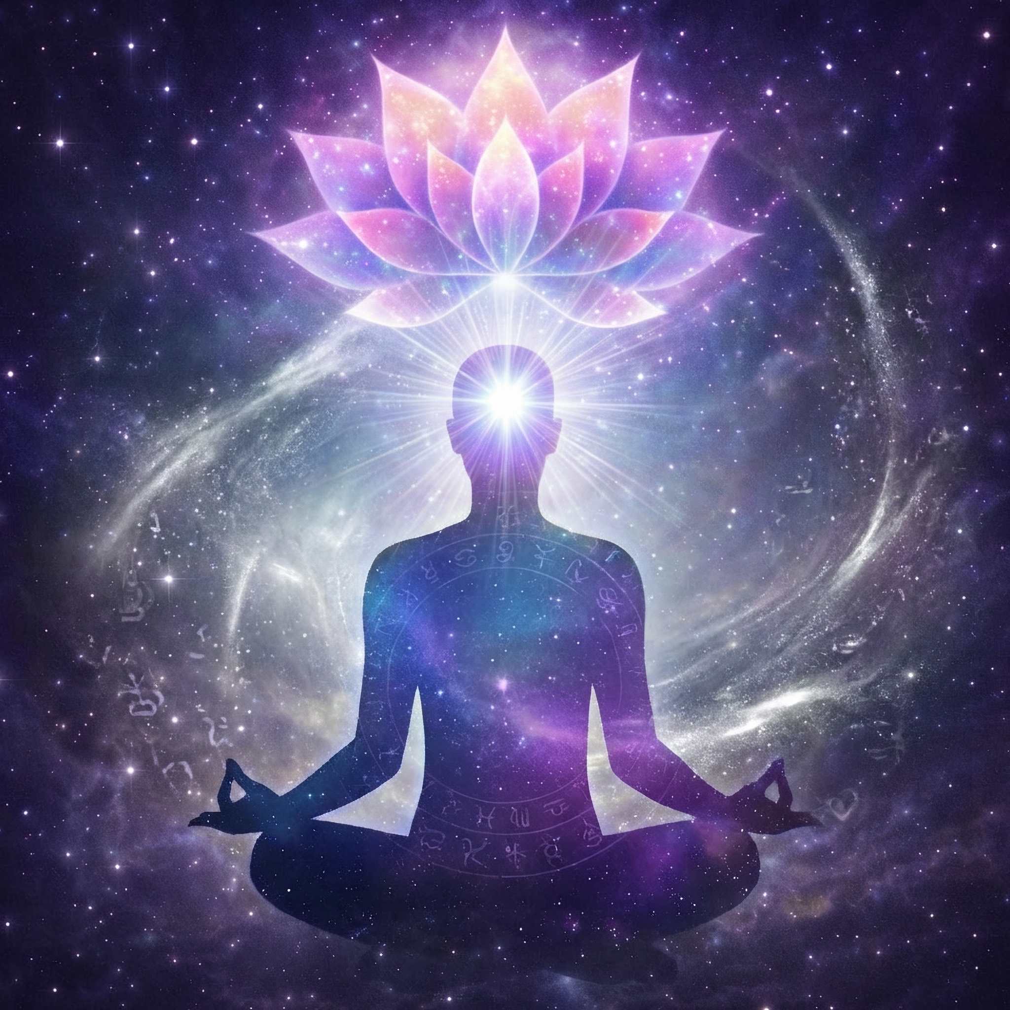 Silhouette of a meditating person with a lotus flower above their head against a starry space background.