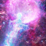 Glowing, ethereal human figure floating in a vibrant galaxy of pink light symbolising soul healing.