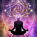 Silhouette of a meditating person with a vibrant, swirling cosmic background.