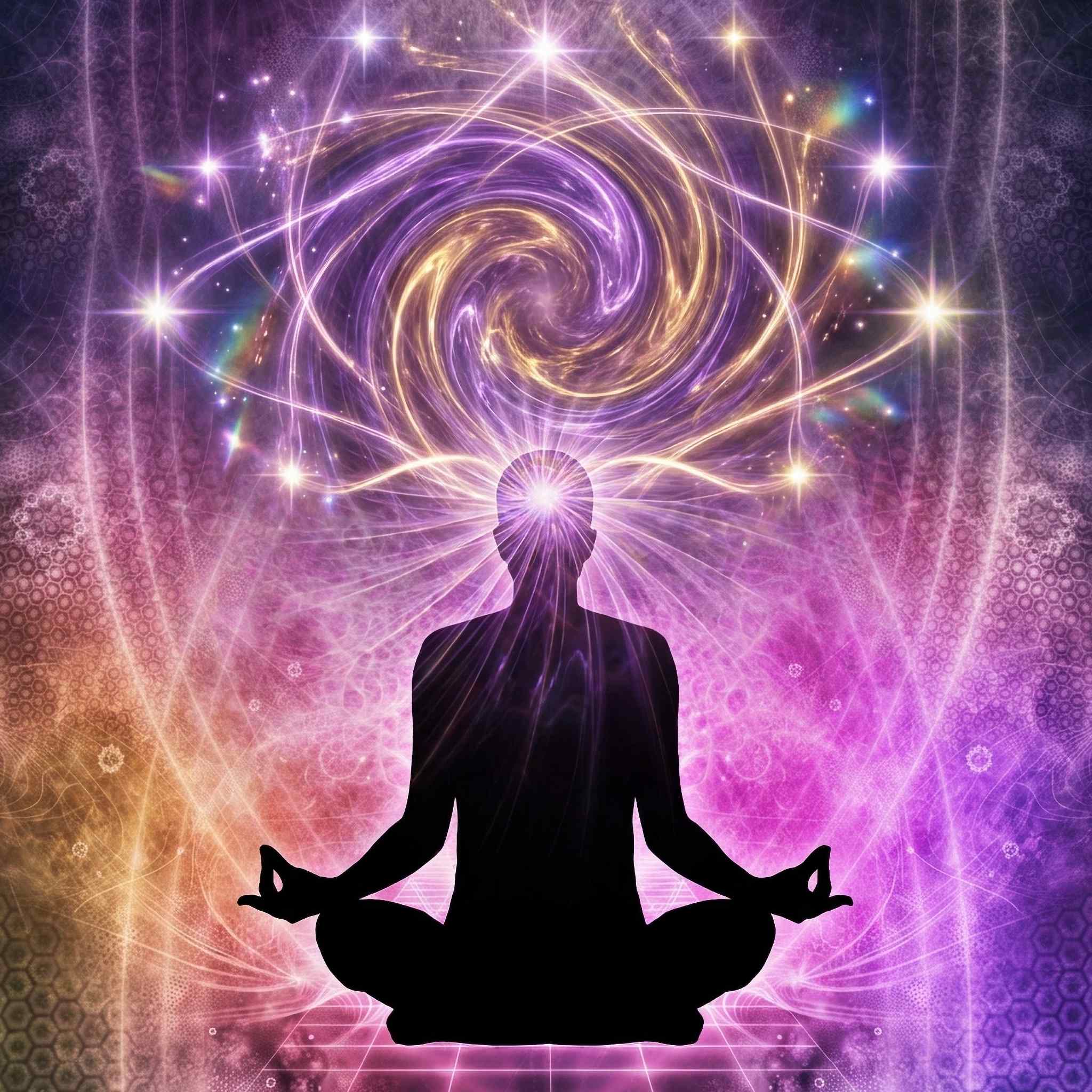 Silhouette of a meditating person with a vibrant, swirling cosmic background.