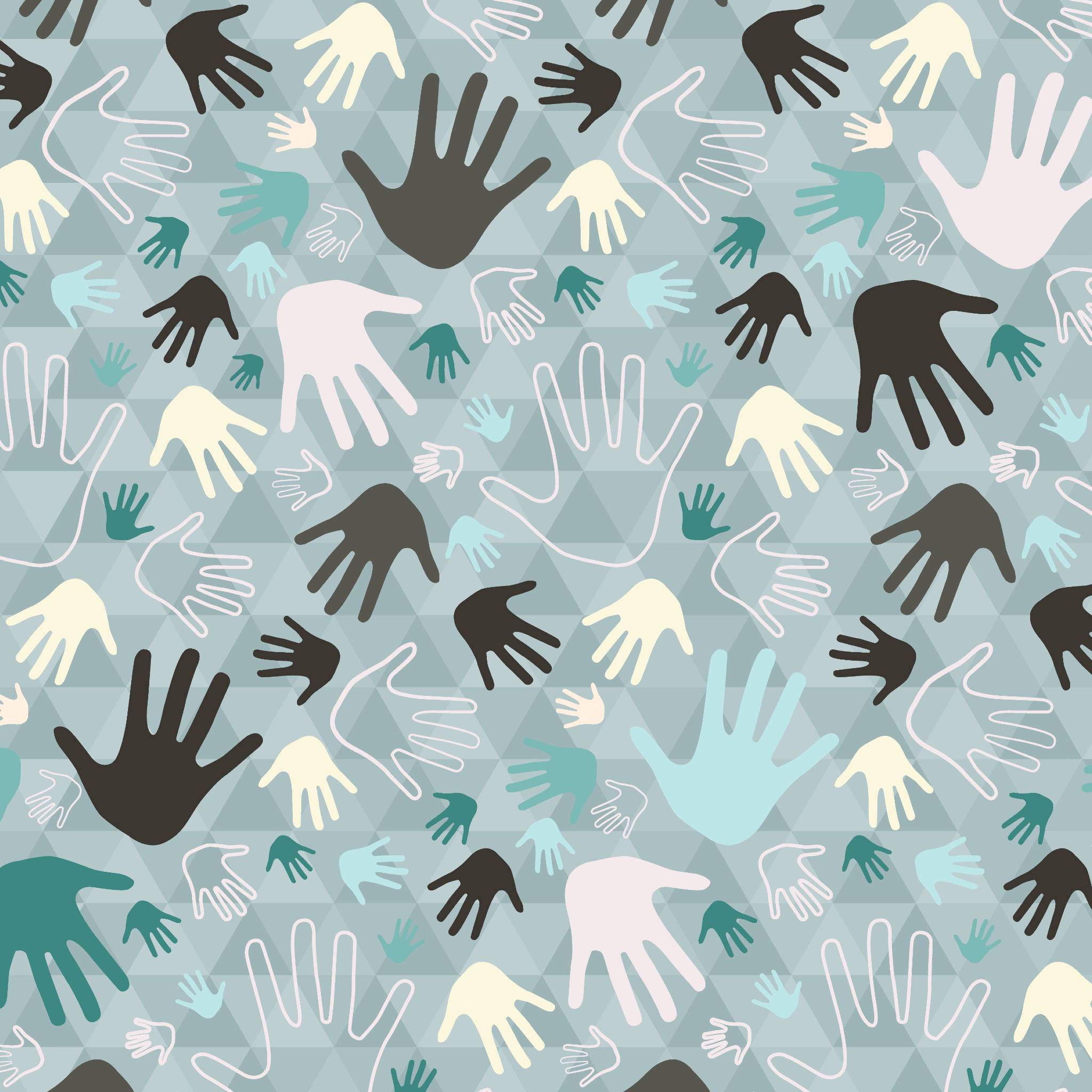 Pattern of multicoloured hand illustrations on a light blue background.