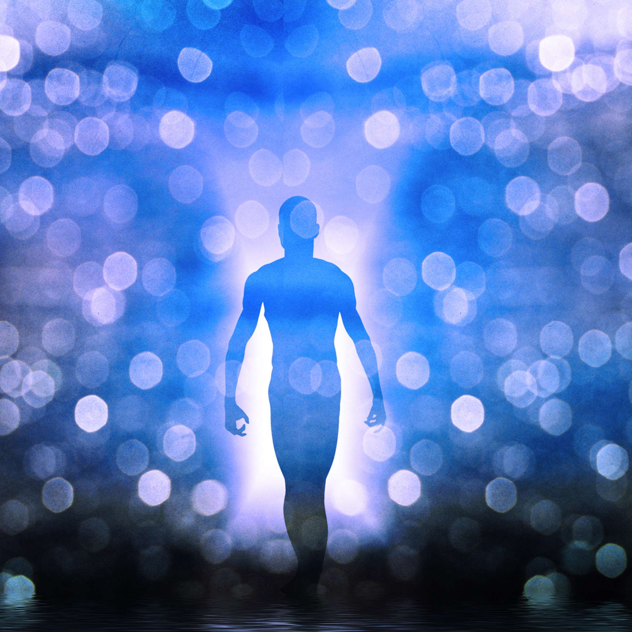 A blue silhouette of a person standing, surrounded by vertical columns of white and blue shimmering bokeh lights, representing spiritual lessons integration awakening.