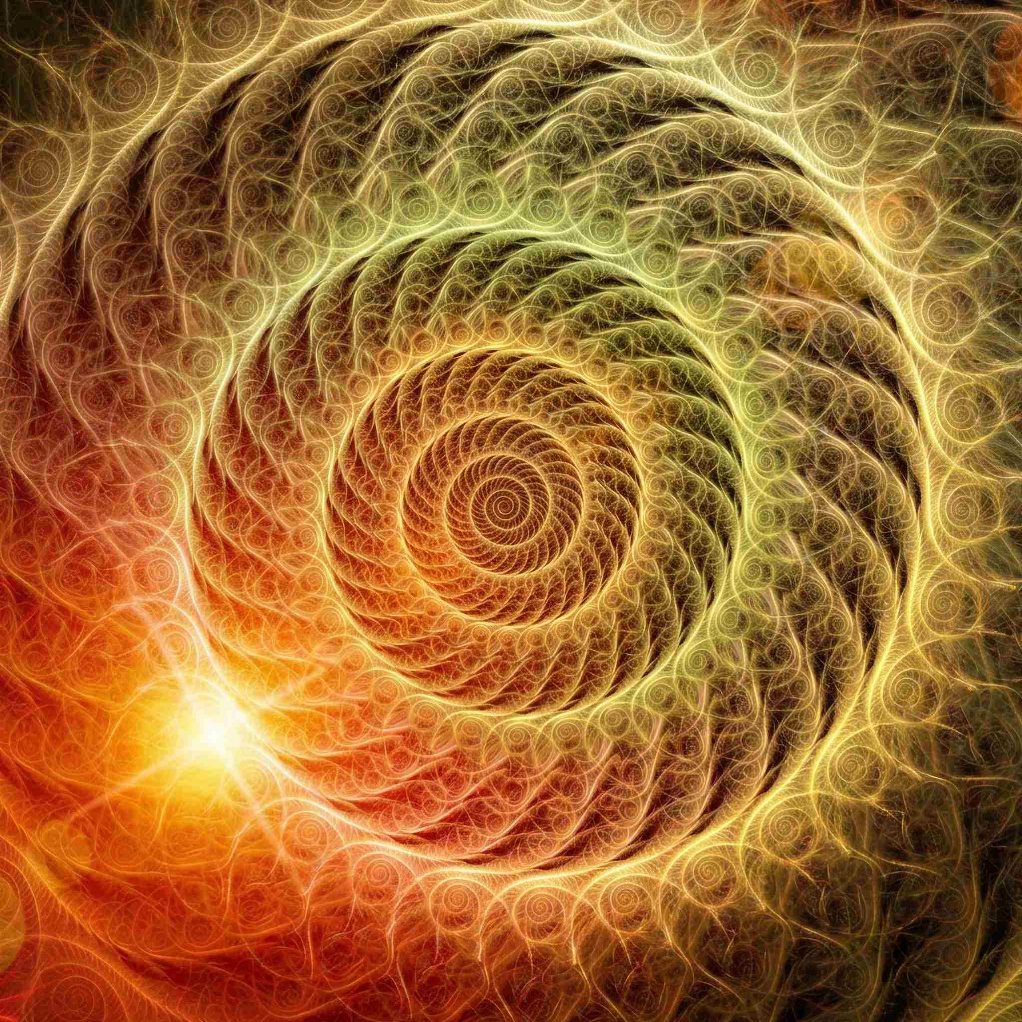 Spiral pattern with warm gold and yellow colours on a dark background.