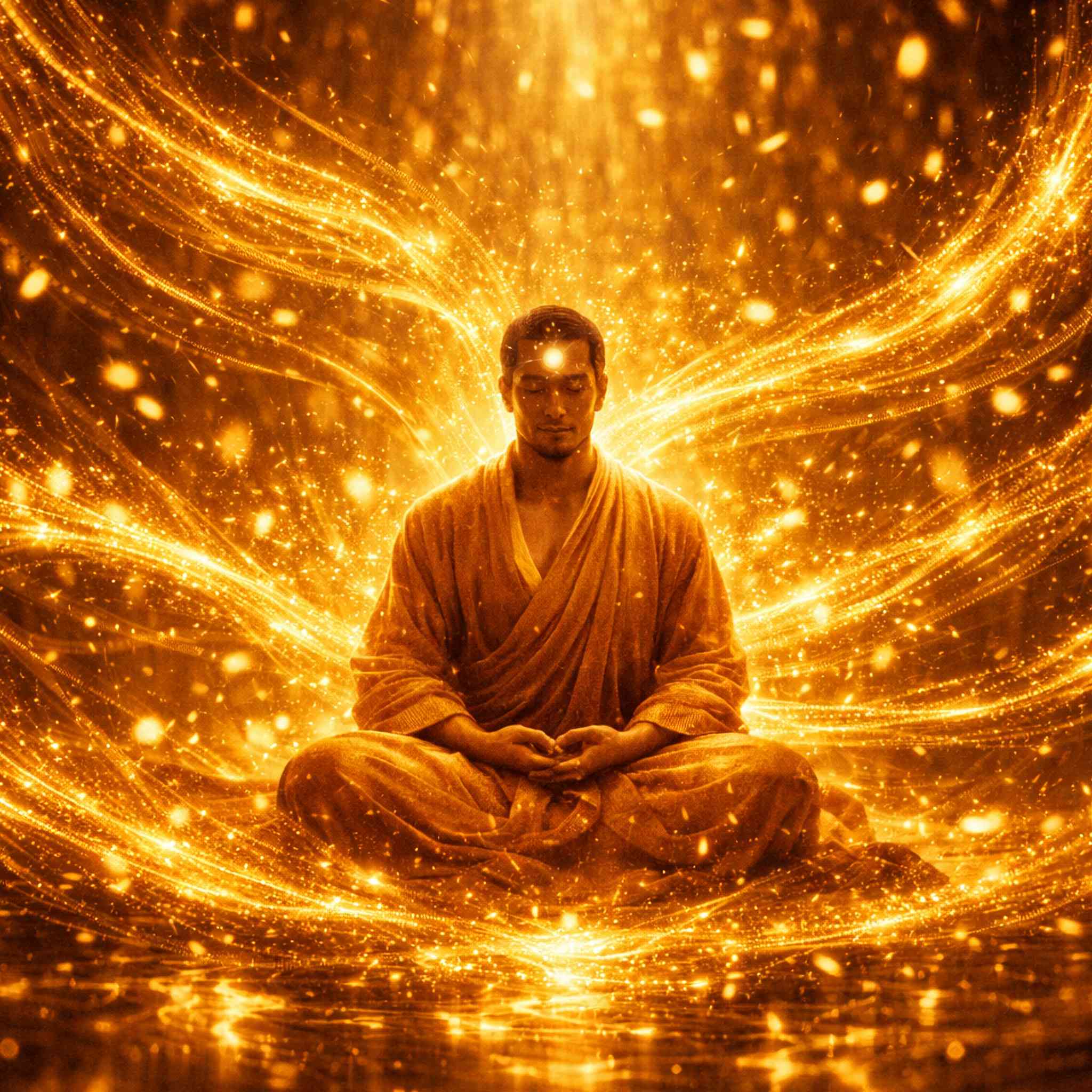Person in a meditative pose, surrounded by glowing golden light and flowing energy.